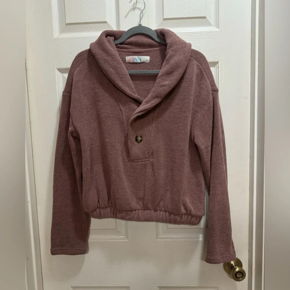 Free People Bino Pullover Mauve Boho 2 Button Collar Textured Knit Oversized XS - Picture 1 of 9